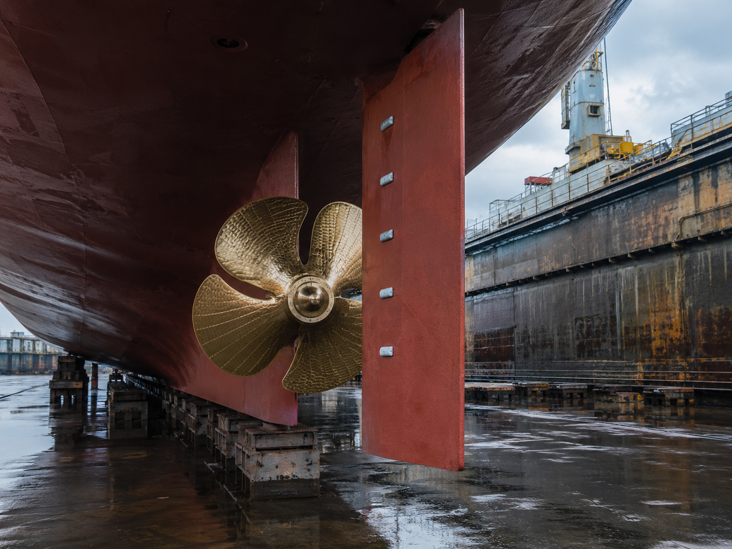 Vessel propeller and rudder in dry dock